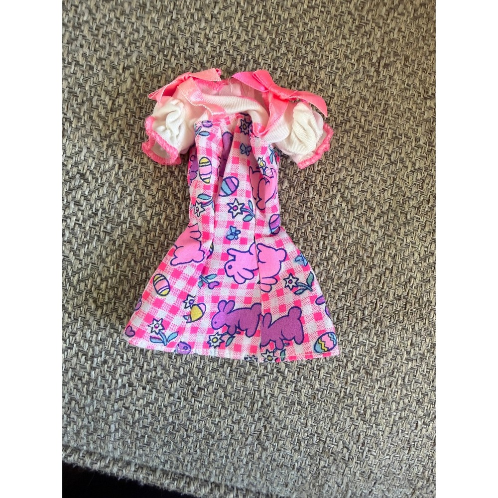 Vintage 90's Mattel Barbie Easter Bunny Gingham Dress Pink White Puff Sleeves